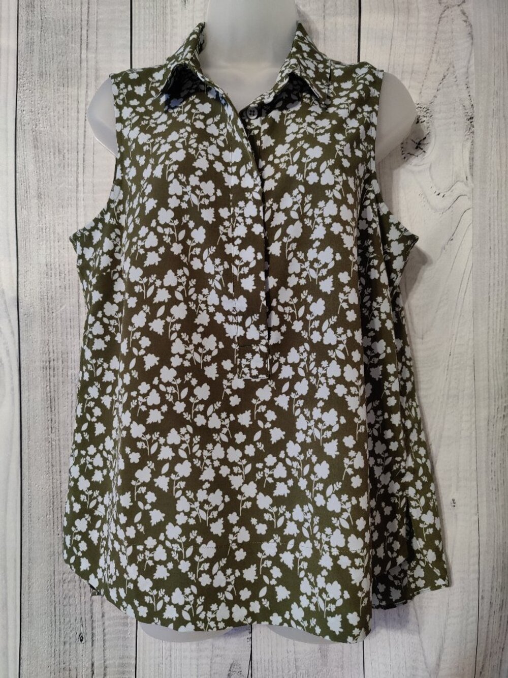 CAbi Olive Green Floral Sleeveless Popover Top with Collar